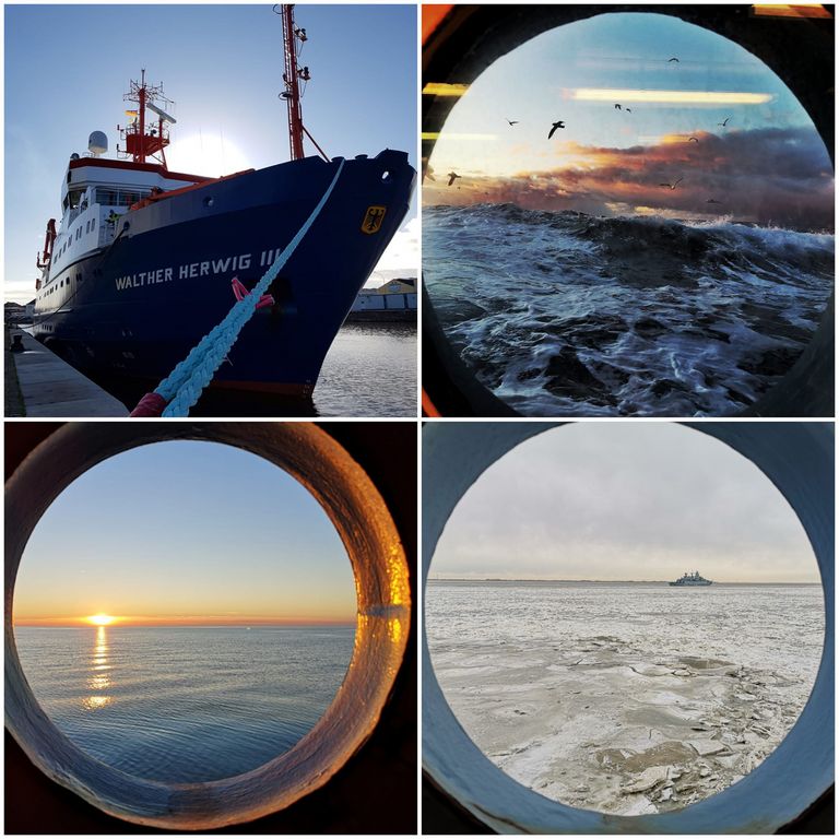 Four pictures in one. One shows the Walther Herwig III in the harbour, the others are views from the round windows of the ship at sea.