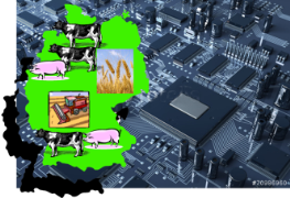 eine Deuschlandkarte mit landwirtschaftlichen Symbolen über einem Foto aus dem inneren eines Computers